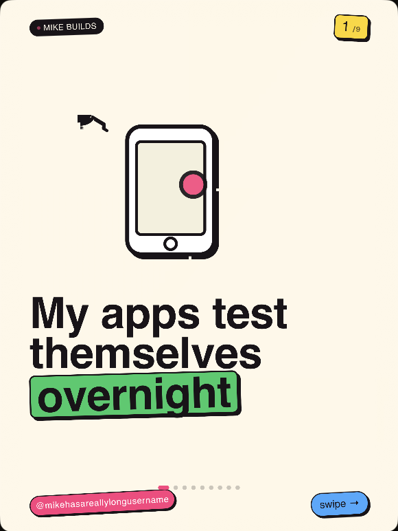 Slide 1 of a Bearousel carousel: My apps test themselves overnight, with a drawn phone and a green highlight on overnight.