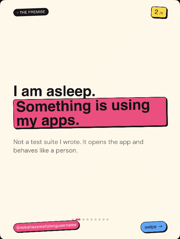 Slide 2: I am asleep. Something is using my apps, with a pink highlight block and an @handle tag.