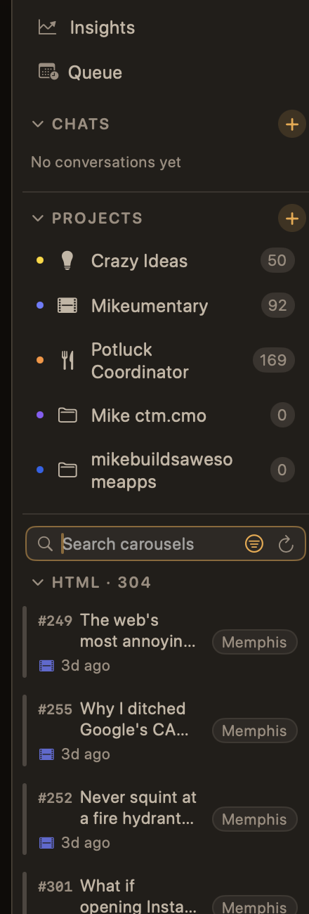 The Bearousel sidebar showing Insights, Queue, chat history, and a list of projects including Crazy Ideas, Mikeumentary, and Potluck Coordinator.